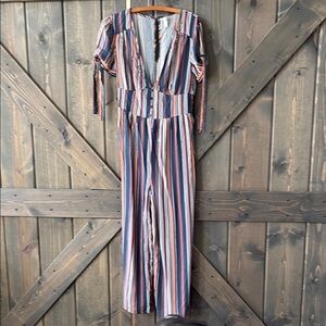 Xhilaration Blue and Pink Jumpsuit with V-Neck and Defined Waistline